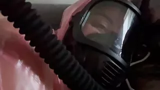 Gasmask breathing in plastic suits
