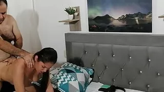 My lover fucks my pussy very hard on all fours in the hotel room