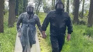 Plastic raincoat and gasmask in the woods