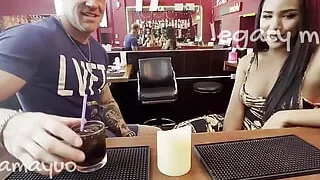 Sex in the bar busty big tits beautiful shemale fucks guy and dominates him outdoor