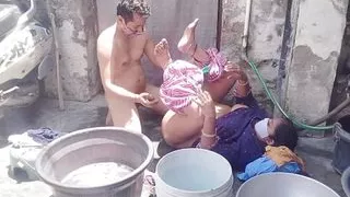 Fucked while washing clothes in the bathroom