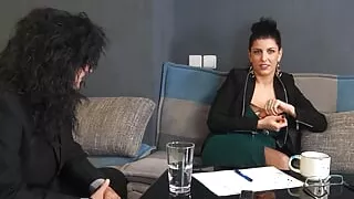 Sexy assistant assisting a poor tiny dick during his job interview