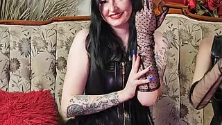 Playing with gloves on camera. Fetish of long translucent gloves, fetish of hands. Tattooed beauties