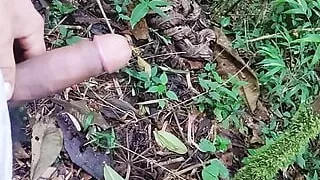 young handsome ranger masturbates and cums in the jungle, while he stays behind his companions