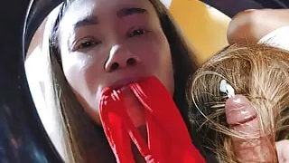 Stuck Cock Into Stepmother's Ass, Fuck Her Mouth and Hair with Cumming on Her Hair