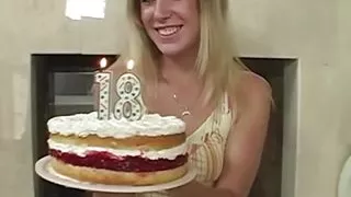 Flaming Hot Blonde Girl with a Birthday Present Gives Her Man a Great Blowjob