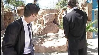 Glamorous blonde has two dicks to satisfy near swimming pool