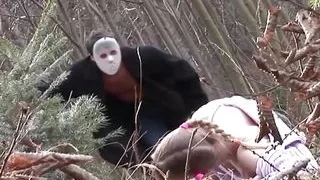 Blonde Babe Gets Slammed by Two Masked Guys After a Chase Through the Woods