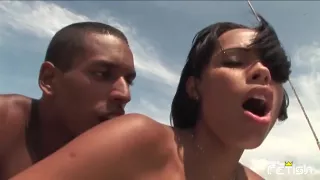 Brunette babe gets her pussy and ass smashed on the boat by a black guy