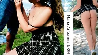 Teen outdoors sucks her friend's cock by the lake and fucks hard in the forest - surprise guests