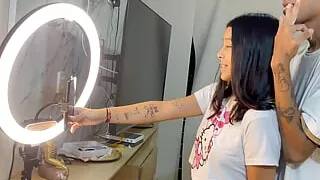 I help my little stepsister on her social media so I can fuck her and I end up cumming in her pussy.