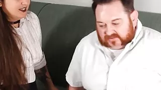 A handjob to a tiny dick from a big tits brunette diva