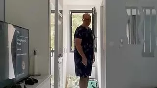 In a blue floral dress and fishnet tights and Rieker Herbst square heel ankle boots with a nice cumshot