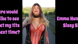 Sissy outdoors on motorway bridge