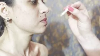 Burning the submissive girl chest and nipples - Extinguishing cigarette on her vulnerable skin