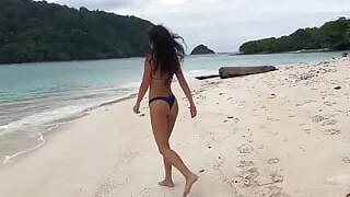 Katty Shows off Her Charms and Pisses on a White Sandy Beach