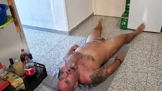 Husband Lying on His Back Drinking Piss & Cum Through a Funnel