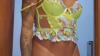 Trans Nathalia Fontes showing off her dowry and lingerie curves