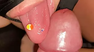 Close-up blowjob from nymphomaniac and mouthful of cum