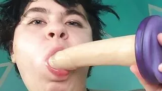 Ftm Boy Keith sucks several dildos deep and messily. Impressive throating skillz