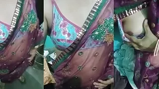 Indian Gay Crossdresser Gaurisissy showing her full body and pressing and playing with her big boobs in pink saree