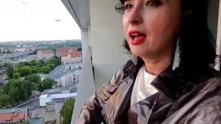 Red, big dildo and seamed stockings