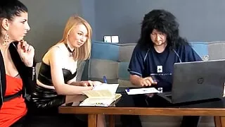 The wife joins in to give her tiny dick husband a sensual massage