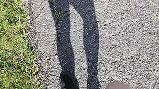 Walking around outside with only socks, and shoes on.