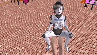 An animated porn video of a beautiful robot girl raiding a man's dick in reverse cowgirl position.