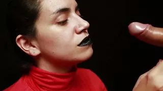 CFNM - Red Turtleneck, Black Lips - Handjob + Cum Mouthful + Cum on Clothes