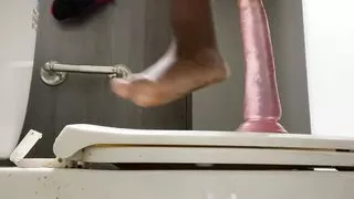 Riding Pink Dildo in the Bathroom
