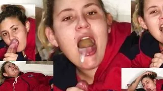 18 Year Old Stepsister Takes Big Load of Cum in Her Mouth