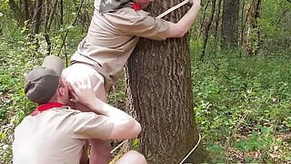 ScoutBoys Hung DILF Bishop Angus barebacks two shy twinks in forest