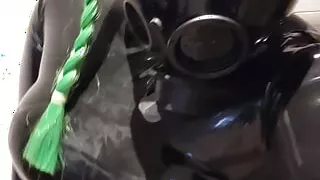 Masturbation with gas mask and black latex