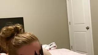 Wife sucks bbc dildo while getting fucked doggy style.