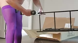 Purple tights and everythings all right. Blue strappy sandls don't even hold a candle.