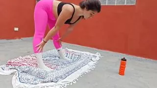 Doing yoga stretches the instructor ends up me in different positions