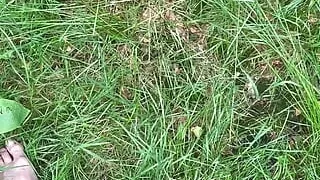 Walking bare foot and naked from car for an in forest for a wank