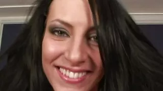 The hot shaved pussy of this horny brunette whore with