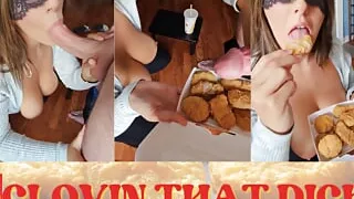 Horny Hungry Teacher in leggings sucks the dick of a food delivery guy
