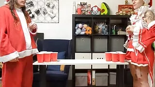 A Christmas strip pong game with a deep blowjob for the winner
