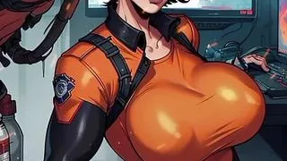 Hot babe girl in cyberpunk city