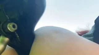 Outdoor fucking with bicycle seat, handle, wheel humping, riding with dildo in pussy and ass