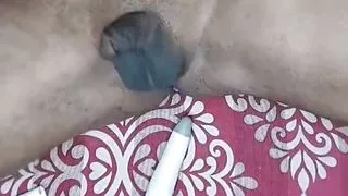 Shemale in thong play with her limp tiny clitty and small balls