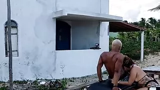 Camera placed in a beach hut records two BBW girls with big asses fucking a guy with dyed blonde hair