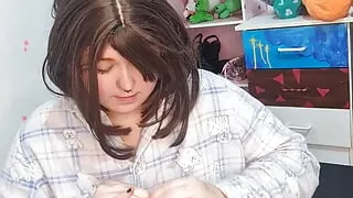 Girl Blowing up 3 huge balloons