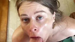 Beautiful Blue eyed girlfriend sloppy blowjob to Big Boyfriend