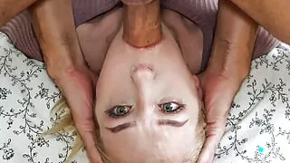 Hot blonde teen gagging deep face fuck by a massive cock