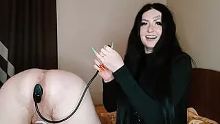 Anal pump for my slave's ass. Watch how the submissive's hole can't hold the inflated pump in his ass