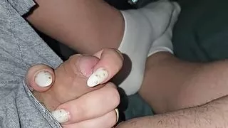 Step mom pulled out step son dick from his pants and handjob his dick